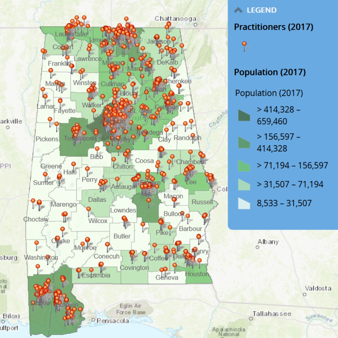 A map of Alabama counties with pins in certain areas with a legend over to the right that depicts number of practitioners and population in 2017